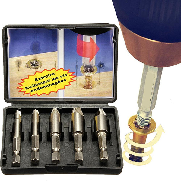 Wholesale- 5pcs/set Top Quality HSS Double Sided Drill Out Damaged Screw Extractor Out Remover Handyman Broken Bolt Stud Removal Tool Kit