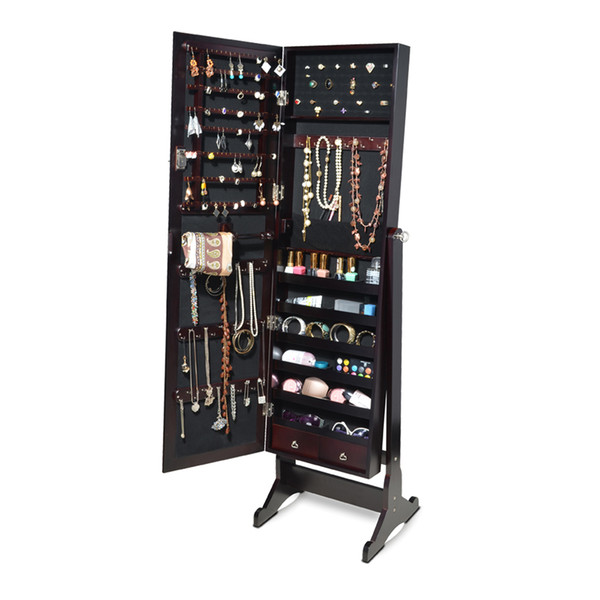Dark Brown Full Length Dressing Mirror Jewelry Cabinet Armoire W Stand Rings Bracelets Storage Free Shipping USA Stock