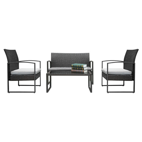 2pcs Arm Chairs 1pc Love Seat & Tempered Glass Coffee Table Rattan Sofas Set Black Living room set