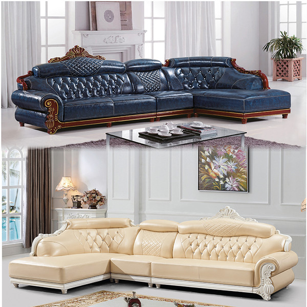 Leather sofa living room small apartment corner chaise longue solid wood top layer cowhide combination furniture