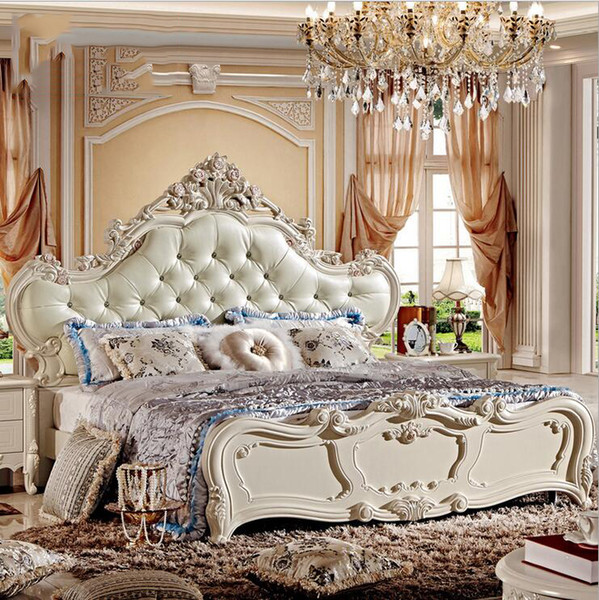 factory price king size leather modern european solid wood bed Fashion Carved 1.8 m bed french bedroom furniture 10047