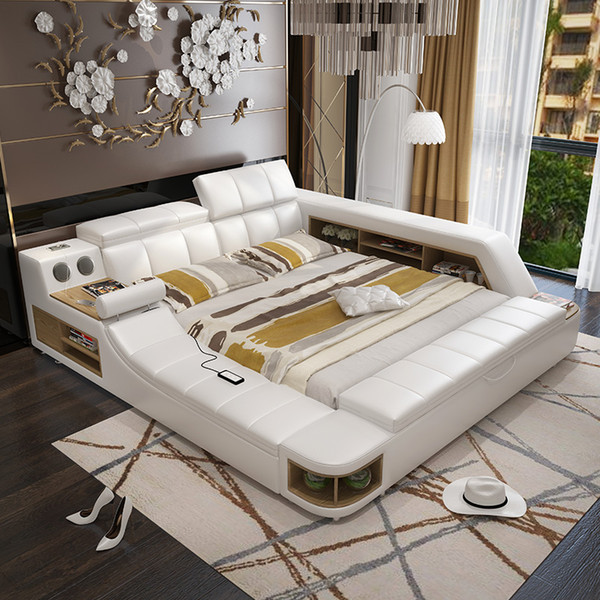 Modern soft bed tatami bedroom King queen double size multi-functional soft Music massage bed real leather art bed