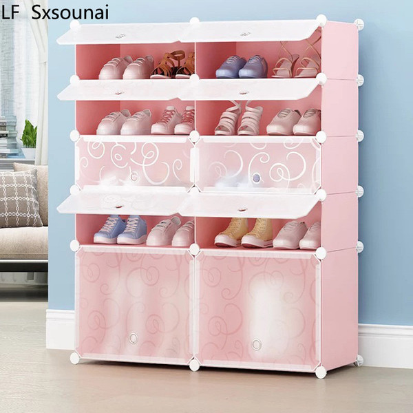 LF Sxsounai two columns pink blue Dust diy magic film resin combination plastic simple shoe cabinet multi-layer assembled door shoe cabinet
