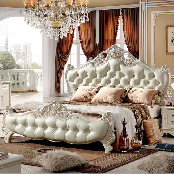 factory price king size leather modern european solid wood bed Fashion Carved 1.8 m bed french bedroom furniture 10020