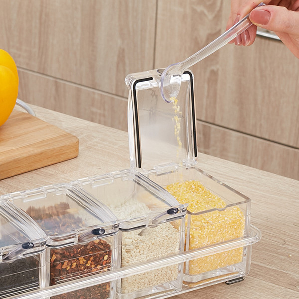 Sealed acrylic condiment box with four lattices kitchen supplies condiment box set with crystal transparent, healthy lifestyle quality