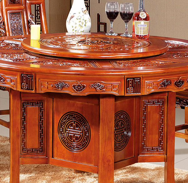 Solid wood Ming and Qing antique dining table and chairs home Chinese rubber wood carved classical with turntable round table combination