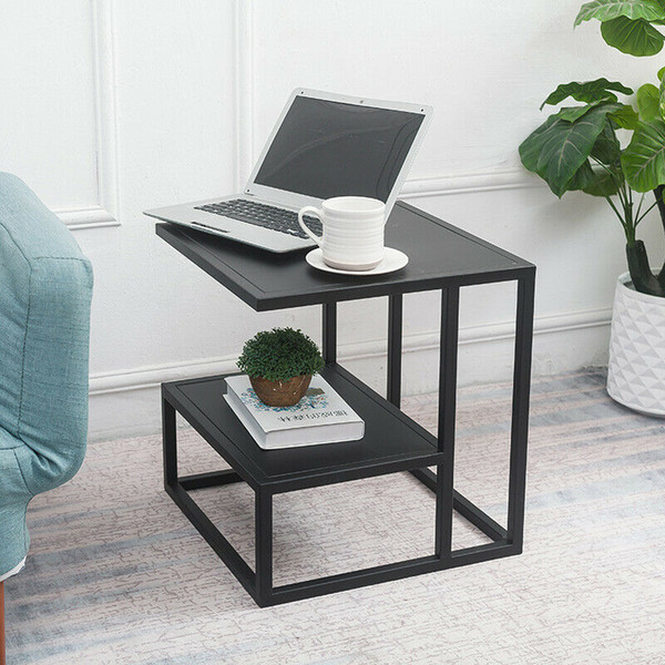 Minimal Square Metal 2 Tiers Lounge Sofa Side Tables Bedside Desk in Black/Gold