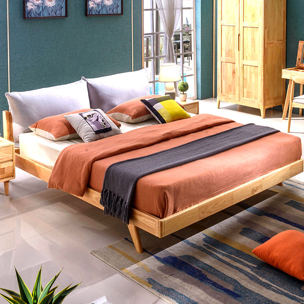 Rubber wood bed 1.8 m double bed master bedroom economy modern minimalist furniture with bag wedding bed