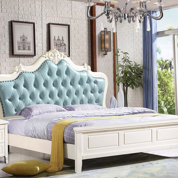European solid wood bed simple leather master bedroom bed 1.8 m double princess bed luxury bedroom set combination