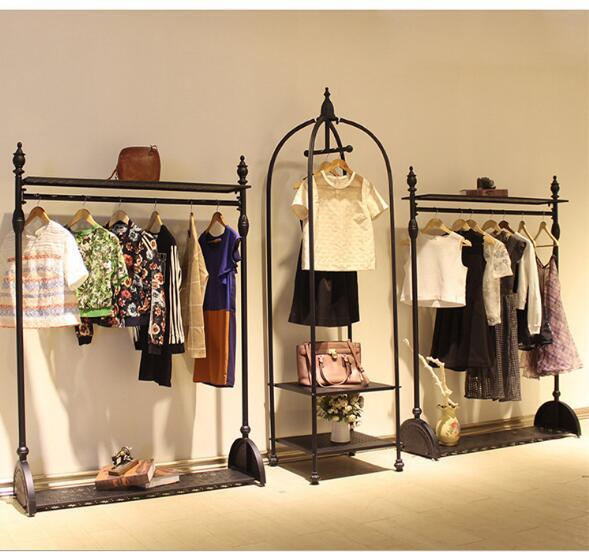 Landing coat hanger Clothes rack display rack wall of retro clothing store Showcase rack floor-mounted iron garment racks