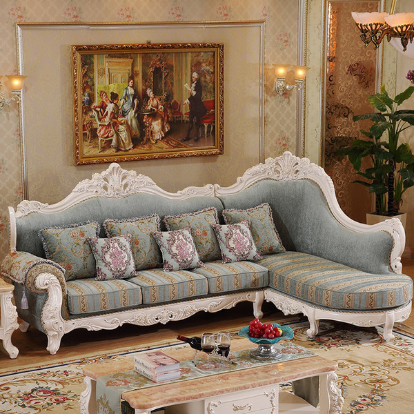 antique design Elegant European Style Corner Fabric Sofa,living Room Luxury Solid Wood Fabric Sofa Set