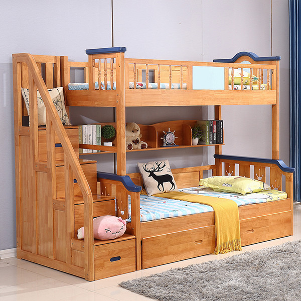 Modern minimalist all import rubber wood bed double bunk double children's bed boy girl high and low bed