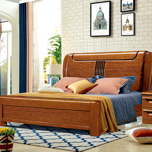 Golden Walnut Furniture 1.8 Meter Modern New Chinese Solid Wood Bed Simple Bedroom Double Bed