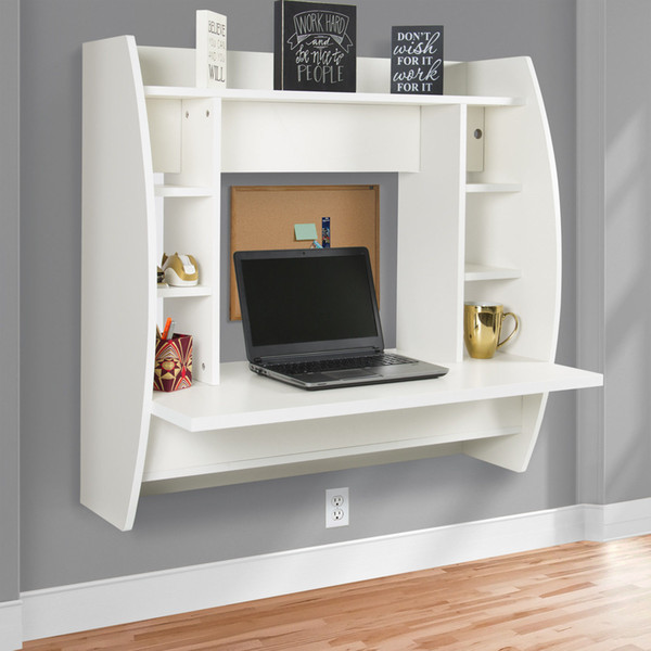Wall Mount Floating Computer Desk With Storage Shelves Home Work Station- White