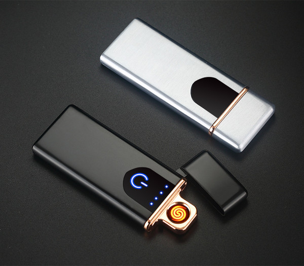 Ultra-thin Touch Induction Creative Wind-proof Electronic Charging Cigarette Lighter Electricity Display Mini Double-sided Metal Lighter, Si