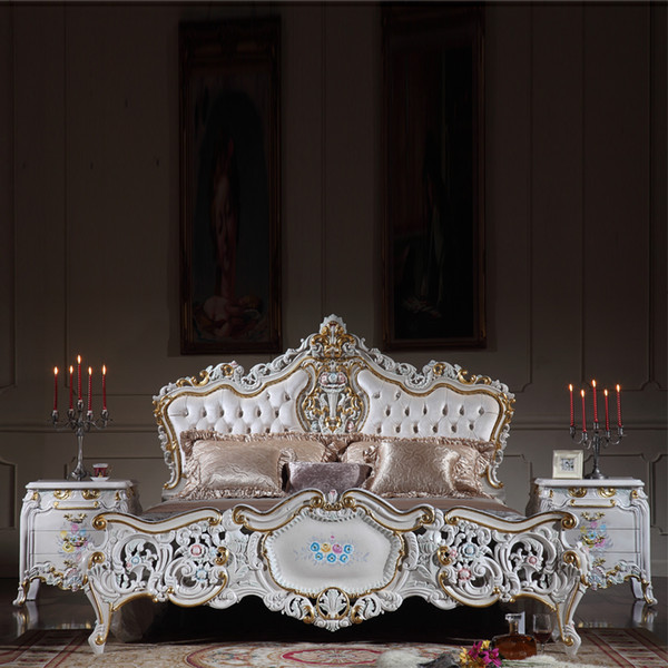 Antique classic european furniture - solid wood baroque antique bed with cracking paint and gold leaf gilding