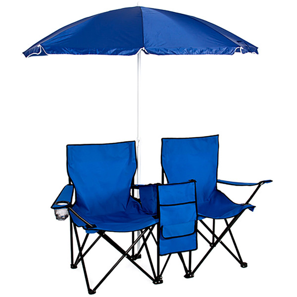 Picnic Double Folding Chair w Umbrella Table Cooler Fold Up Beach Camping Chair