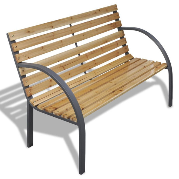 Patio Outdoor Garden Bench Wooden Iron Metal Curved Back/Armrests Yard Furniture