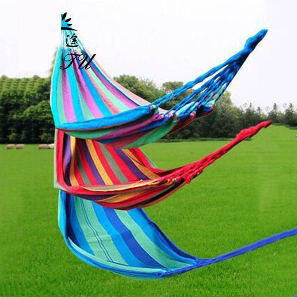 DHL 280*150cm Double People Outdoor Hammock Creation Thickerness Canvas Garden Hang Bed Travel Camping Swing Stripe Rope ZJ-H16