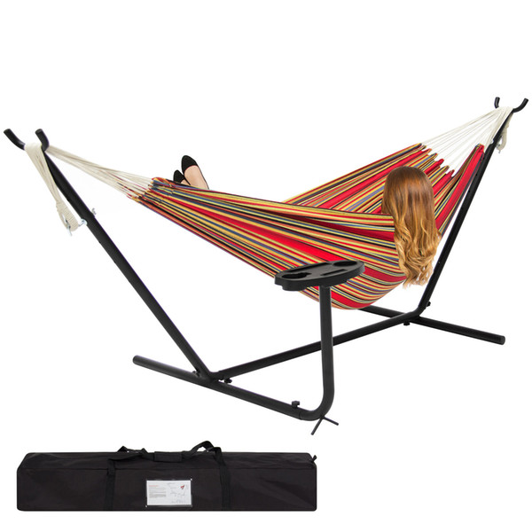 BCP Double Hammock Set w/ Stand, Cup Holder, Tray, and Carrying Bag - Red Stripe