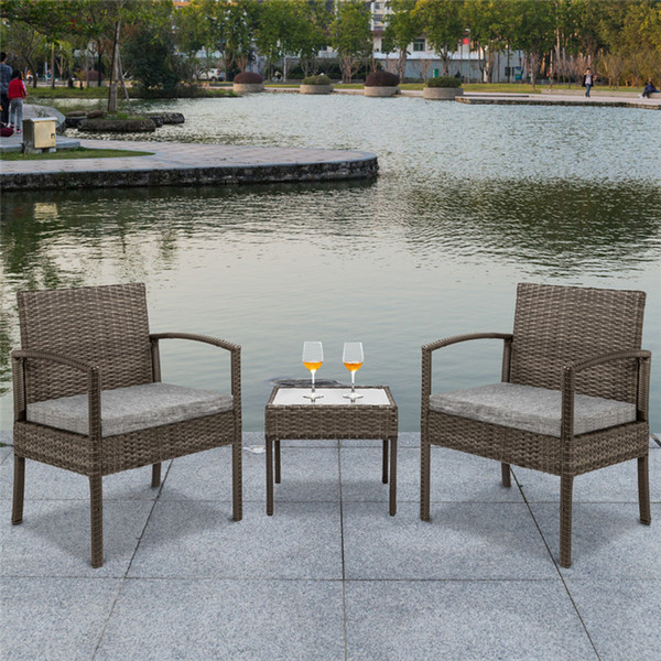 3 PCS Patio Set Outdoor Wicker Patio Garden Furniture Sets Modern Bistro Set Rattan Chair Conversation Sets with 2 Cushioned Chairs & Table
