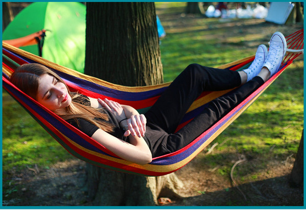 Hot Travel Camping Hammock Leisure Sleeping Bed Swing Garden Indoor Rainbow Color Single Canvas Thickened Hammocks Anti Rollover Club
