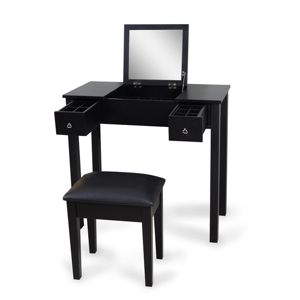Black Mirrorred Makeup Desk Vanity Table Cosmetics Storage Organizer Desk with Vanity Stool USA Stock Free Shipping