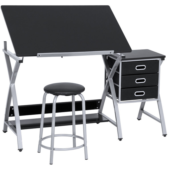 Office Drawing Desk Station Adjustable Drafting Table Set W/ Stool Chair