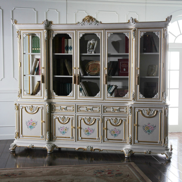 High end classic villa furniture - solid wood frame with cracking paint study room furniture - French style bookcase