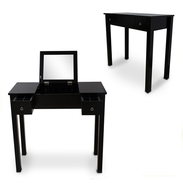 Black Vanity Table Makeup Desk Jewelry Comsetic Storage Organizer with Dressing Mirror and 2 Drawers USA Stock