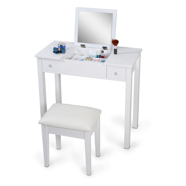 White Mirrorred Makeup Desk Vanity Table Cosmetics Storage Organizer Desk with Vanity Stool USA Stock Free Shipping
