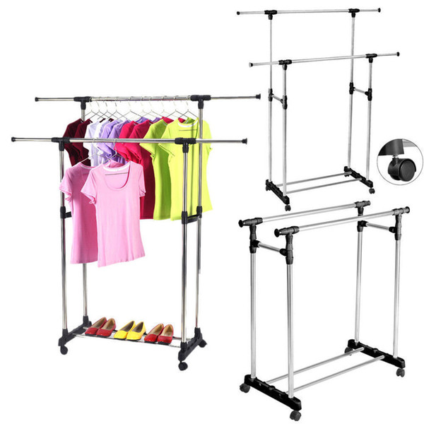 Heavy Duty Double Adjustable Portable Clothes Dry Hanger Rolling Rack Rail
