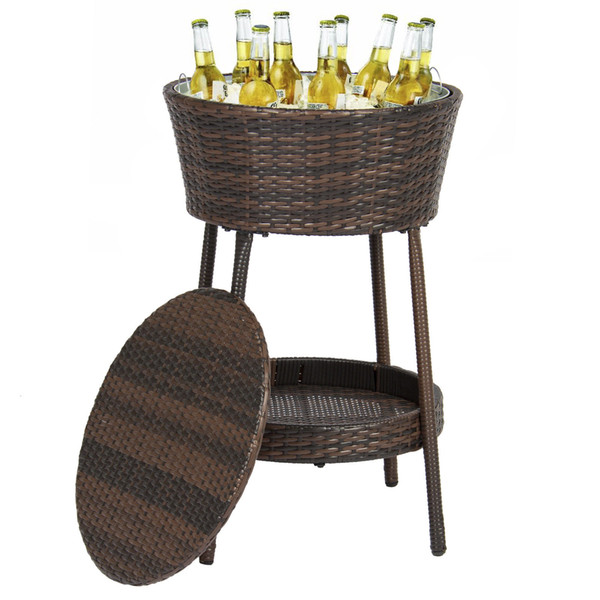 Wicker Ice Bucket Outdoor Patio Furniture All-Weather Beverage Cooler with Tray