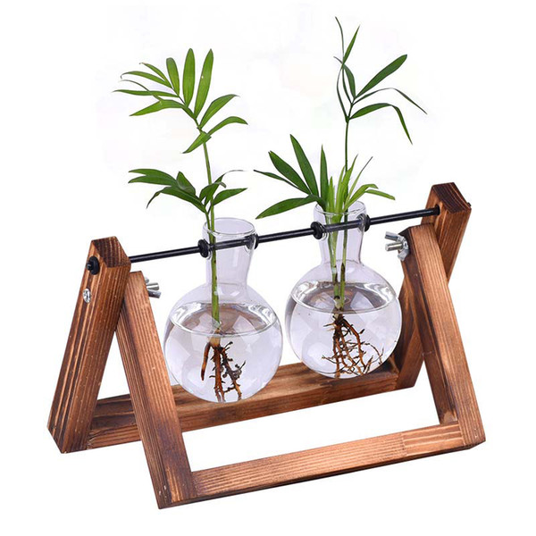 Creative Hydroponic Plant Transparent Vase Wooden Frame Vase Glass Tabletop Plant Bonsai Decor Flower Vase Terrarium 6 Style