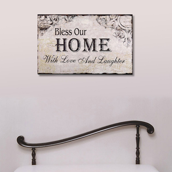 Decorative Wood Wall Hanging Sign Plaque Bless Our Home With Love And Laughter Grey Black Color Home Decor