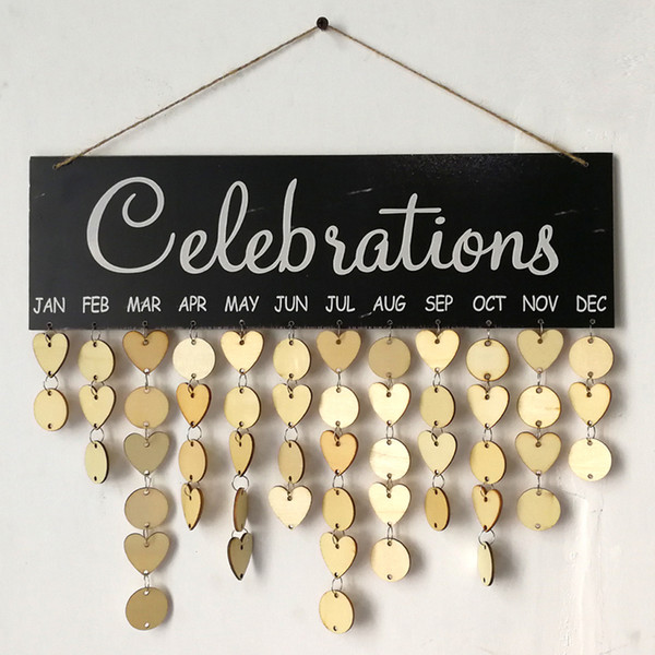 Wooden Celebrations Birthday Calendar Personality Wooden Plaque Board with Heart Round Chips DIY Wall Hanging Family Celebrations Black