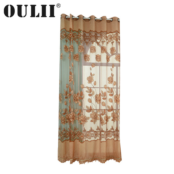 OULII 100x250cm Semi-transparent Tulle Window Sheer Window Screen Voile Curtains with Flowers Pattern for Bedroom Living Room