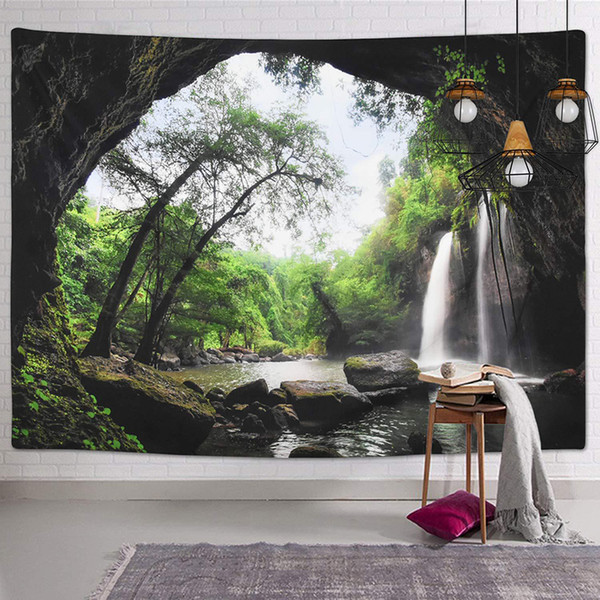 Tree and Waterfall Pattern Tapestry Landscape Tapestry Wall Hanging Tapestry Home Decor Bohemian Bedsheet Tablecloth 4 Size