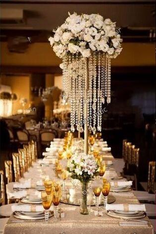 Gold / Silver Wedding Centerpiece Acrylic Bead Strands 60cm Tall Acrylic Crystal Flower Stand For Wedding Table Decor