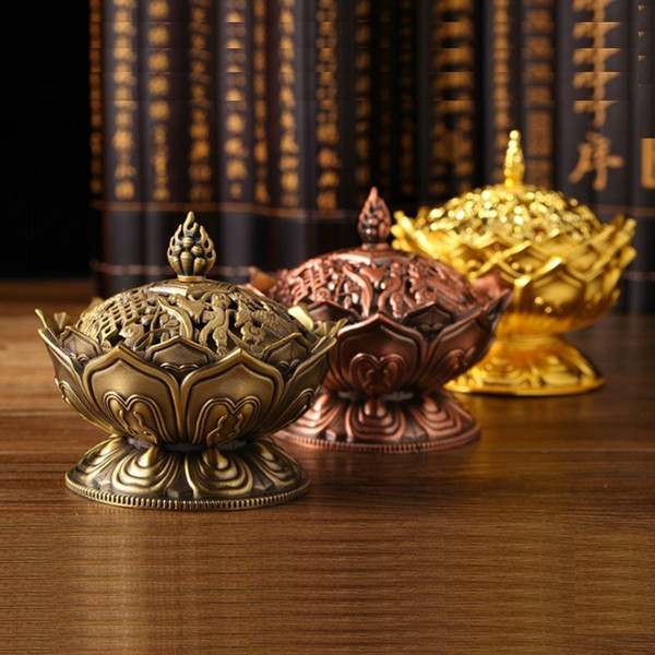 Tibetan Lotus Incense Burner Mini Alloy Bronze Censer Metal Craft Home Decor Buddhist Living Room Supplies XHH8014