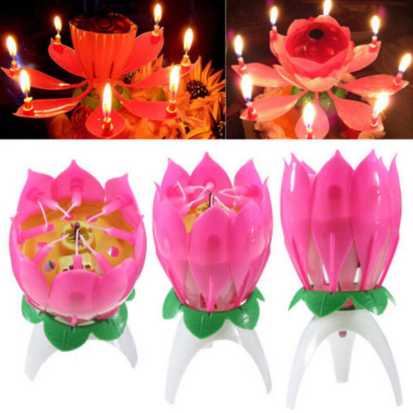 Musical Lotus Flower Flame Happy Birthday Cake Party Gift Lights Rotation Decoration Candles Lamp Surprise