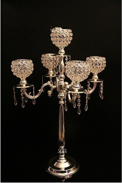 75 cm height 5-arms metal Chrome / Gold candelabras with crystal pendants wedding candle holder Event centerpiece LLFA11