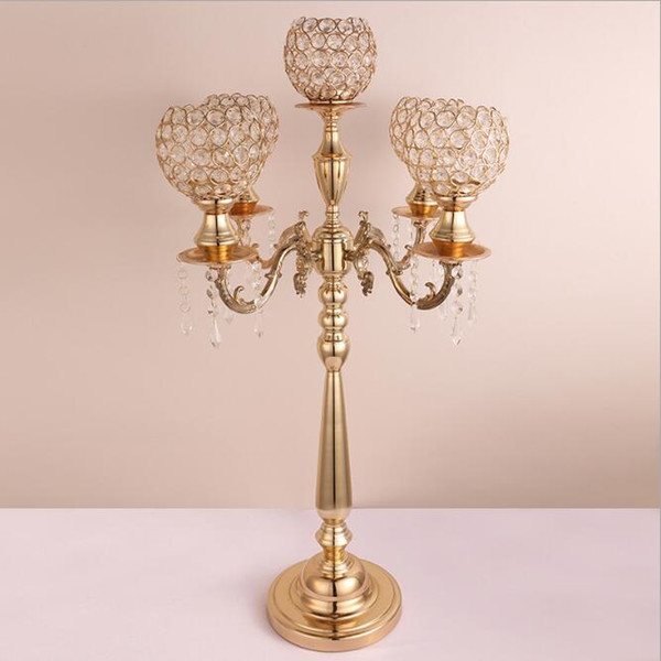 85CM 33.4inch Gold Silver Alloy Candlestick Table Ornament Candelabra With Crystal Pendants five holder Wedding Prop Candle Holders WQ36