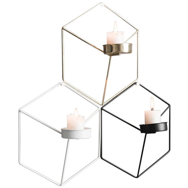 Hexagon Shape Metal Candle Holder 3D Geometry Candlestick For Home Living Room Coffee shop romantic wall Decoration Supplies VVA391