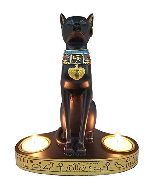 Moylor Ancient Egypt Bastet Cat Goddess Statue with 2 Tea Light Candle Holders (7.5