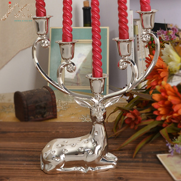 Free shipping silver finish metal reindeer shape candle holder,5-arms decorative candle stick, zinc alloy stand