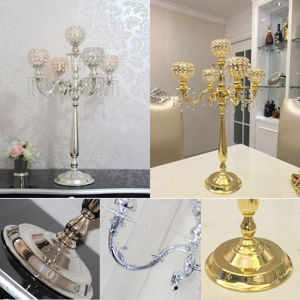 75CM Metal Gold Silver Candle Holders 5-Arms With Crystals Stand Pillar Candlestick For Wedding Table Centerpieces Decoration