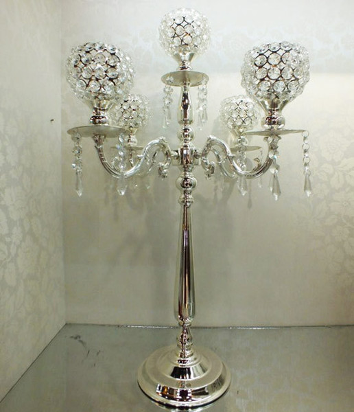 wholesale 75 cm height 5-arms metal Gold candelabras with crystal pendants wedding candle holder Event centerpiece