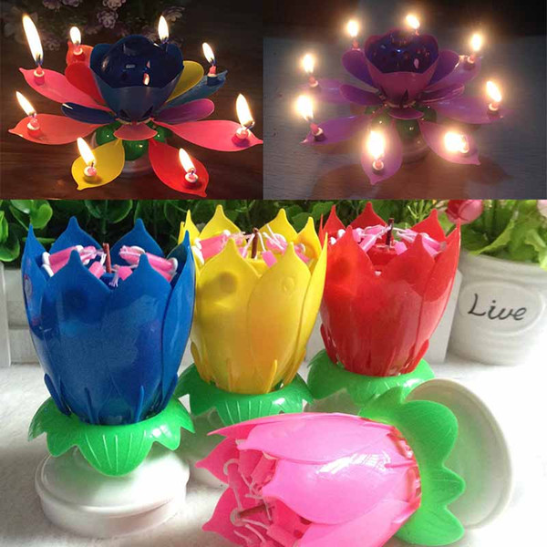 New Colorful Petals Music Candle Children Birthday Party Lotus Sparkling Flower Candles Squirt Blossom Flame Cake Accessory Gift WX9-104