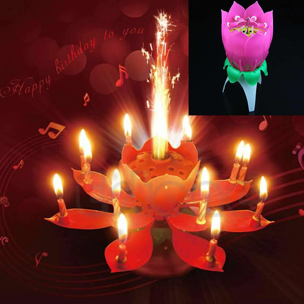 party candle New Beautiful Musical Lotus Flower Rotating Happy Birthday Party Candle Lights Kid Cake Decoration High Quality